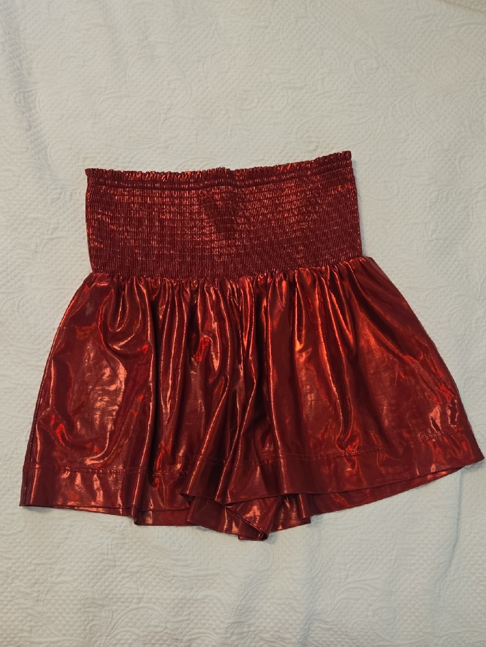 Shimmery Red Smocked-Waist Skort